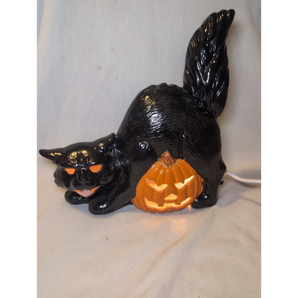Vtg 80s Ceramic Halloween Black Cat Jack O Lantern TV Iamp Light Table Decor 11"